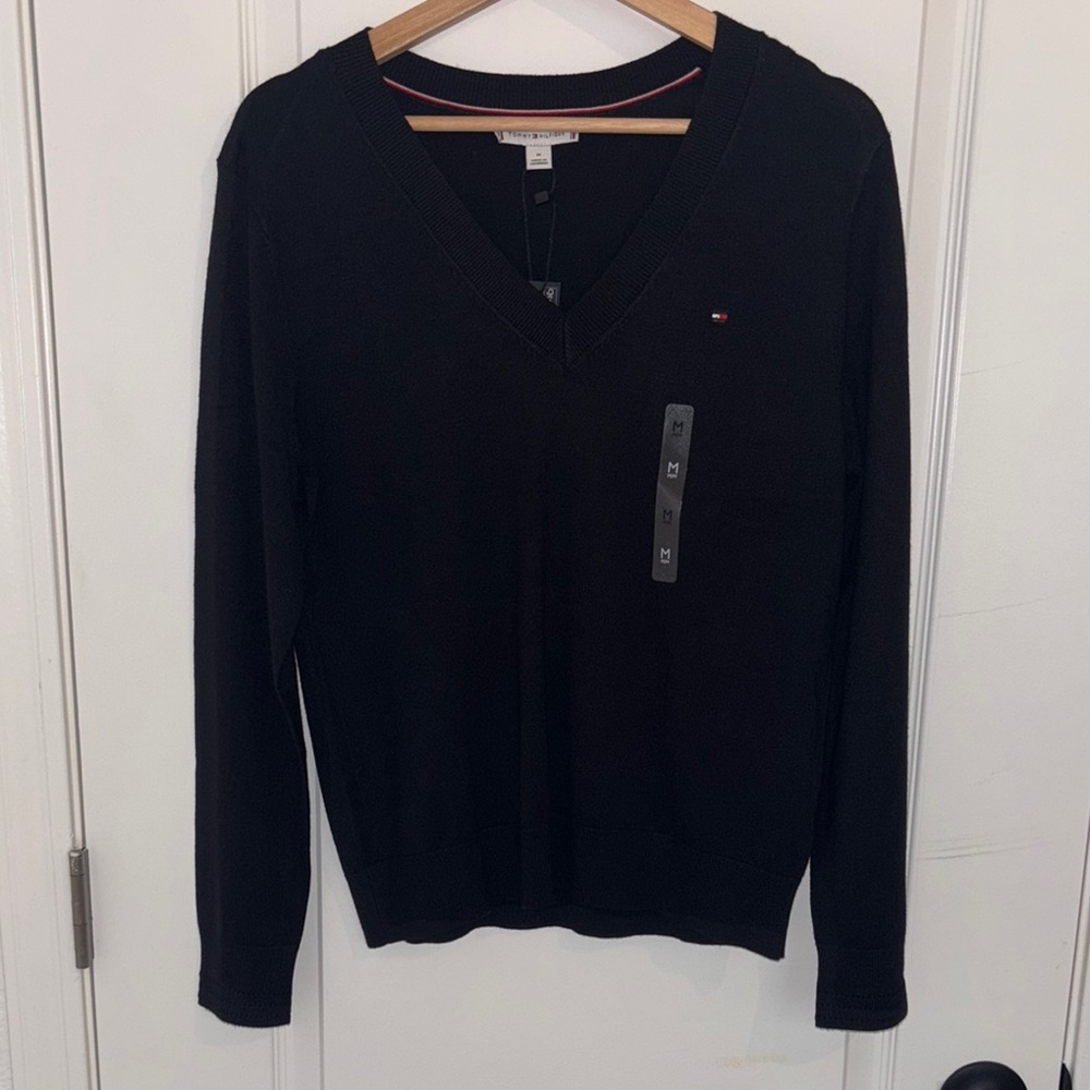 Tommy Hilfiger Black V-Neck Sweater Classic Knit